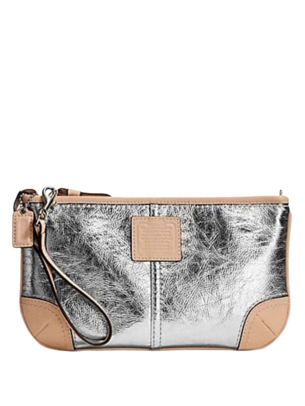 🤍 Coach XL Large Metallic Silver Cream Tan Leather Wristlet Clutch Bag Y2K